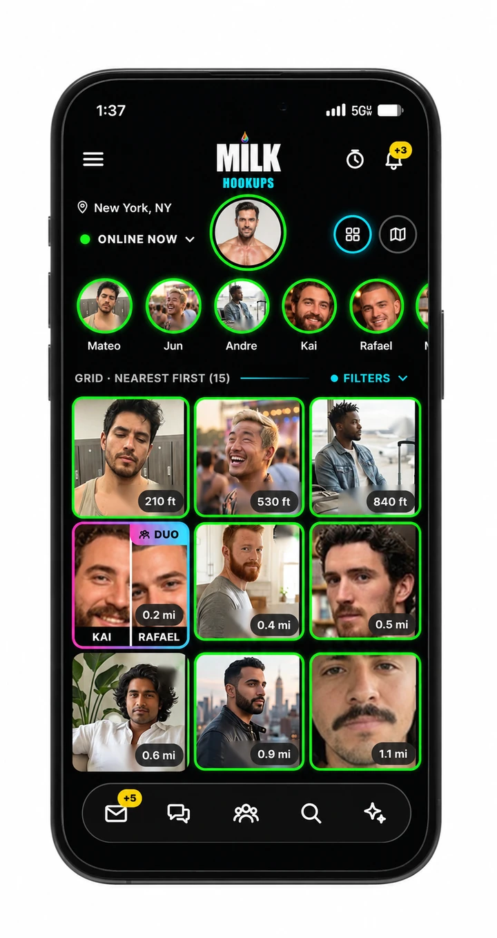 Hookups grid: members nearby sorted nearest first, with a row of who's online, a duo tile and distances.