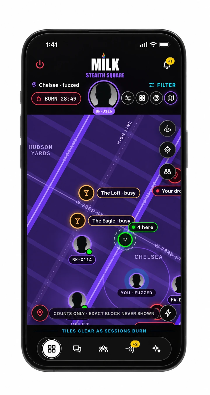 StealthSquare map in Chelsea: a burn timer, busy venues and member counts on a fuzzed map that never shows an exact block.