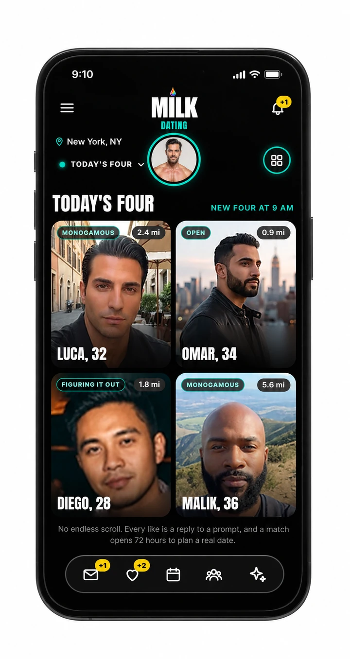 Dating, Today's Four: four profiles a day with relationship styles and distances.