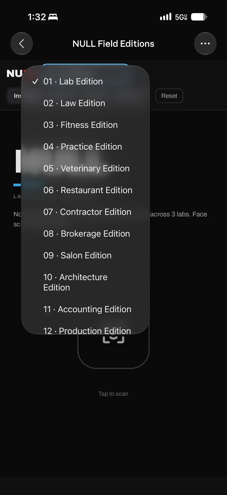 NULL Field Editions with the edition selector open: 01 Lab Edition checked, then Law, Fitness, Practice, Veterinary, Restaurant, Contractor, Brokerage, Salon, Architecture, Accounting and Production.
