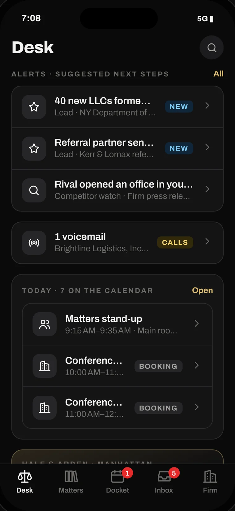 NULL Law edition, the Desk: new-business leads, a voicemail and today's matters, with Matters and Docket tabs.
