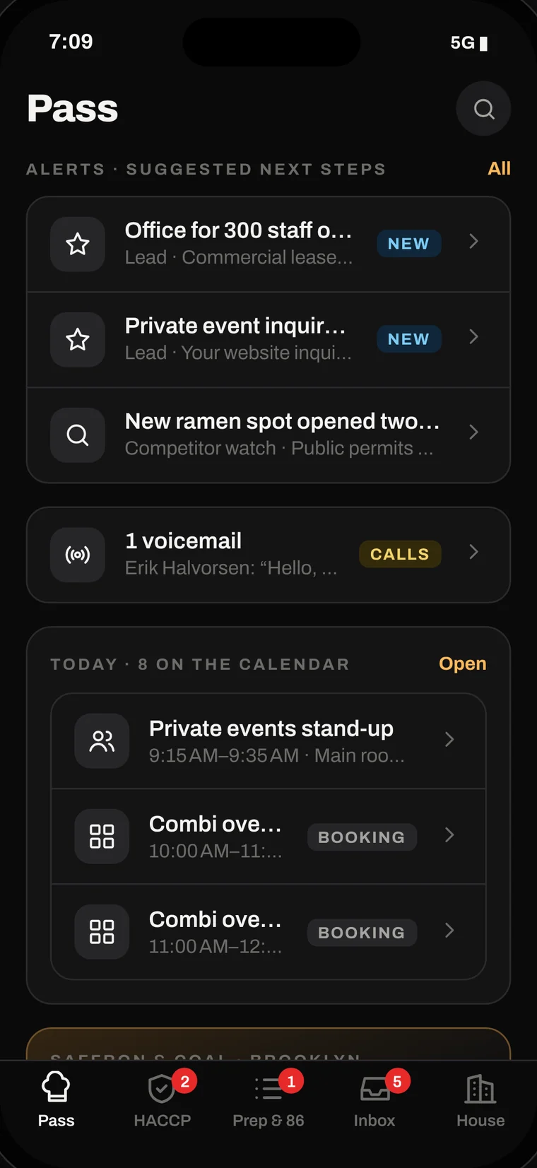 NULL Restaurant edition, the Pass: leads, a voicemail and today's bookings, with HACCP and Prep tabs.