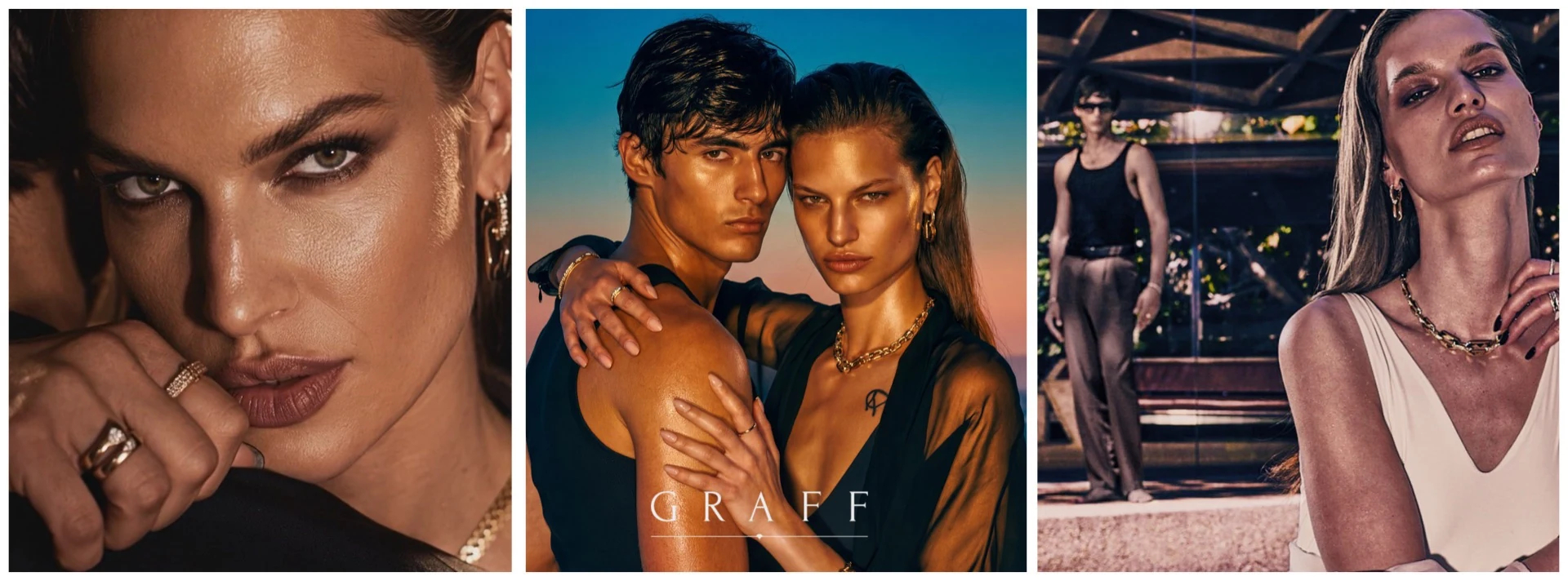 Graff jewelry campaign: a couple at sunset over a city skyline, the woman wearing a gold chain necklace and rings.
