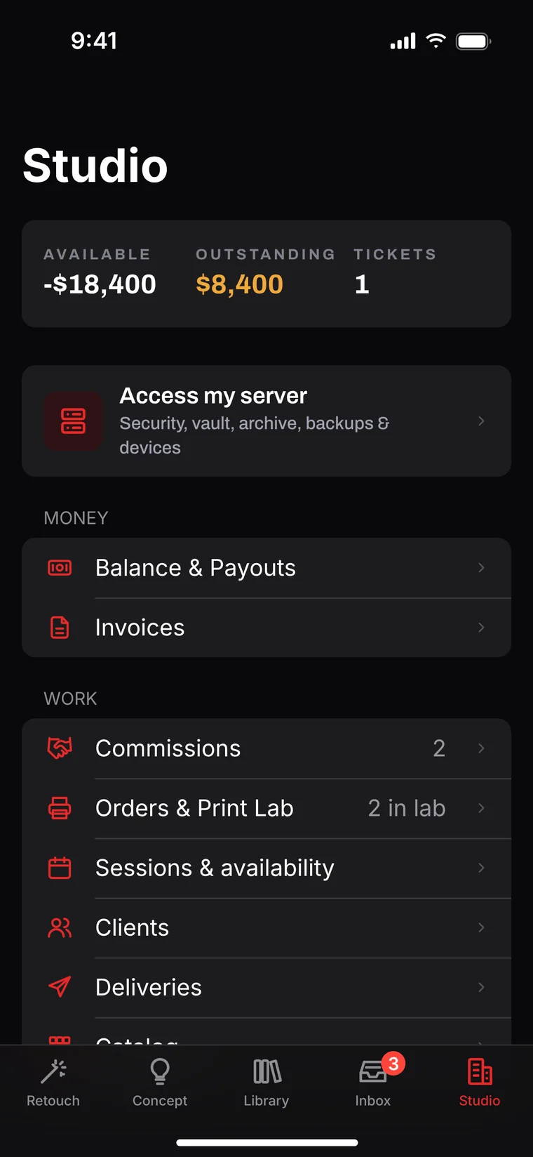 SK Direct Studio tab: available balance, outstanding and tickets, Access my server, and the money and work menus.